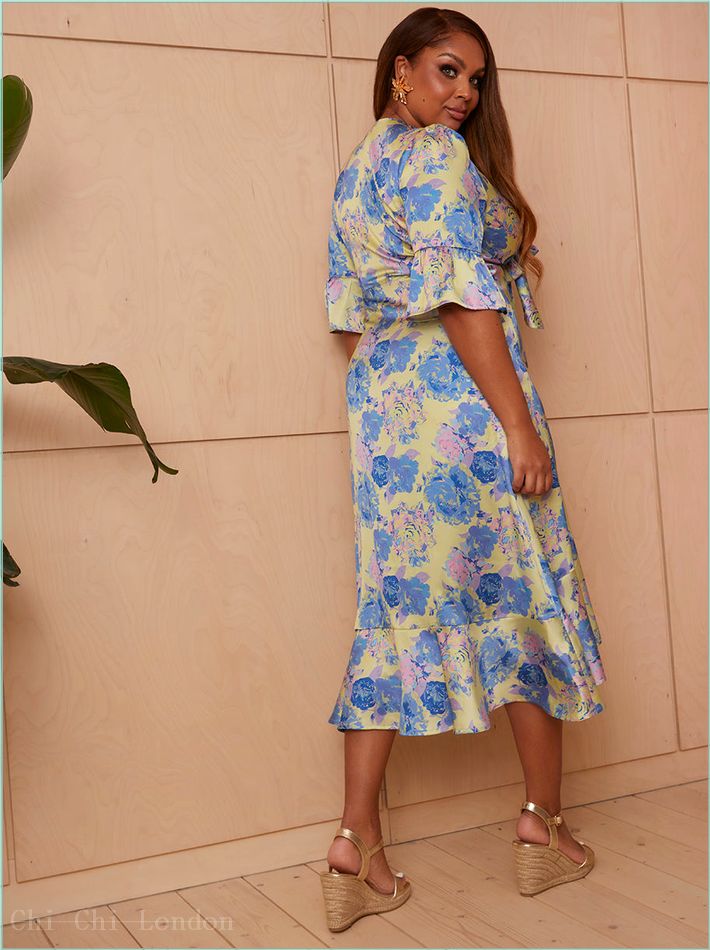  Short Sleeve Tie Front Floral Midi Dress in Yellow FA23103YEL