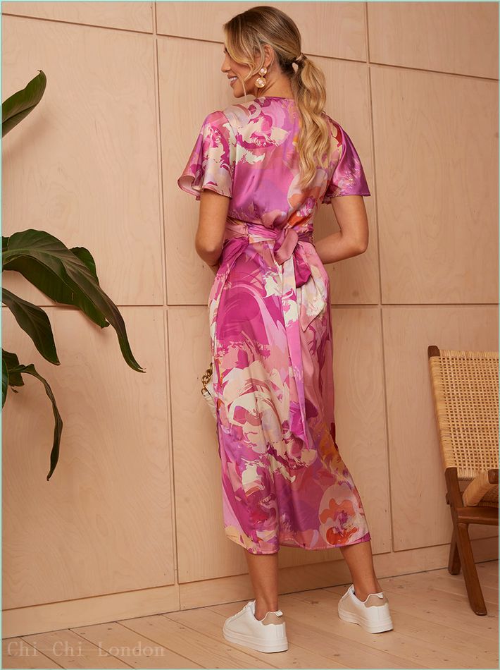  Short Sleeve V Neck Floral Midi Dress in Pink FA23111PI