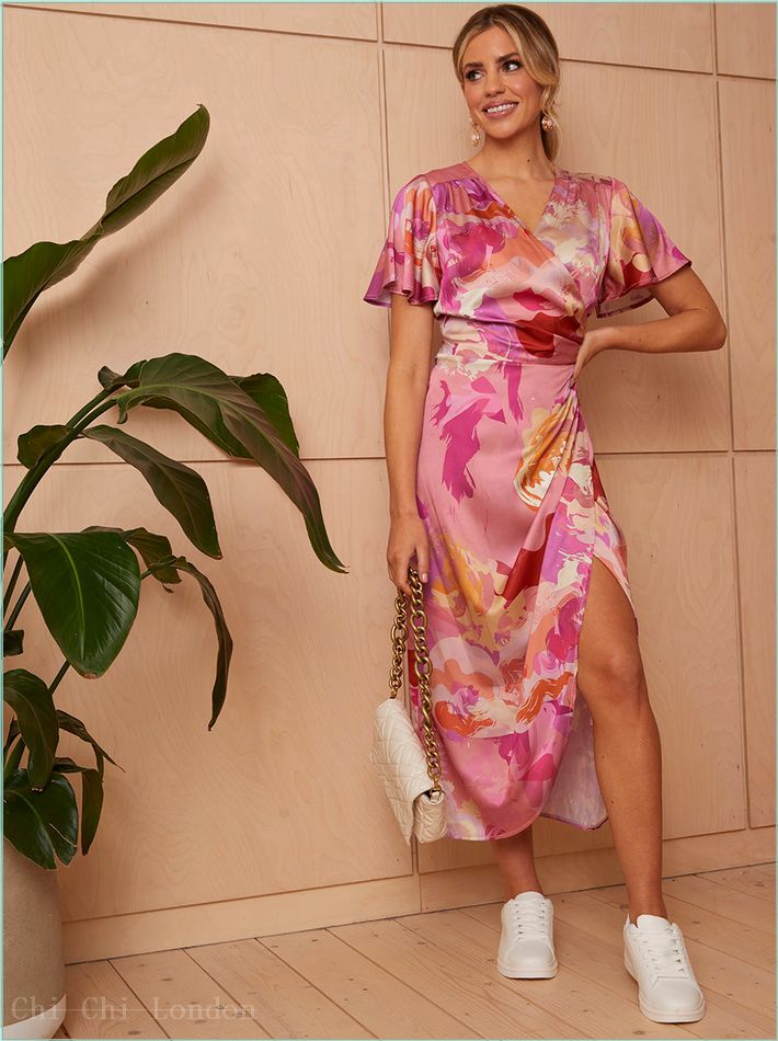  Short Sleeve V Neck Floral Midi Dress in Pink FA23111PI