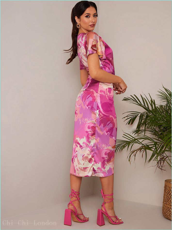  Short Sleeve V Neck Floral Midi Dress in Pink FA23111PI