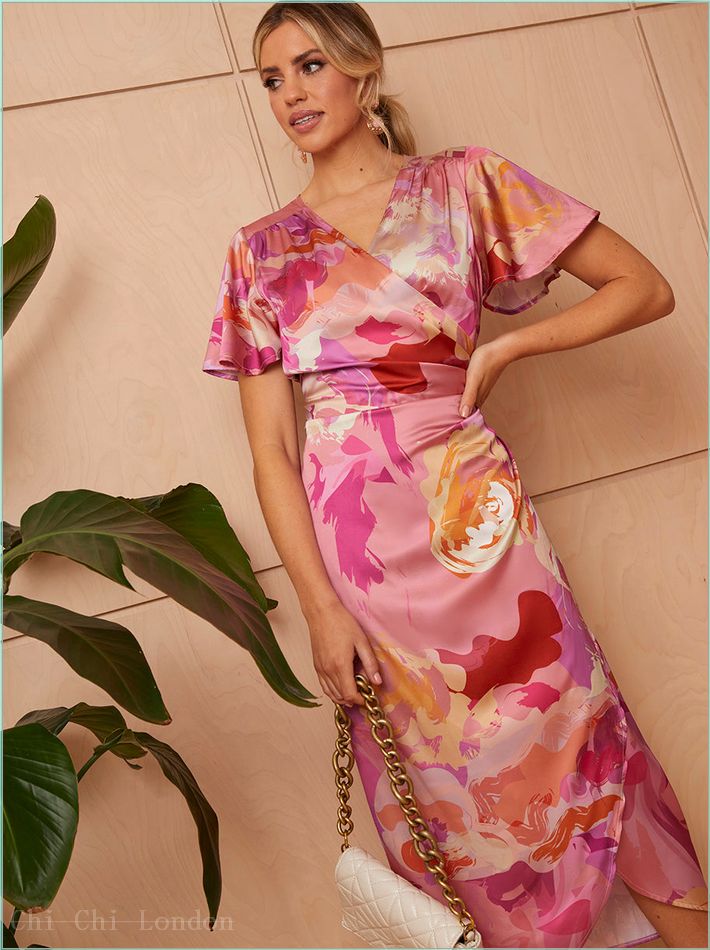  Short Sleeve V Neck Floral Midi Dress in Pink FA23111PI