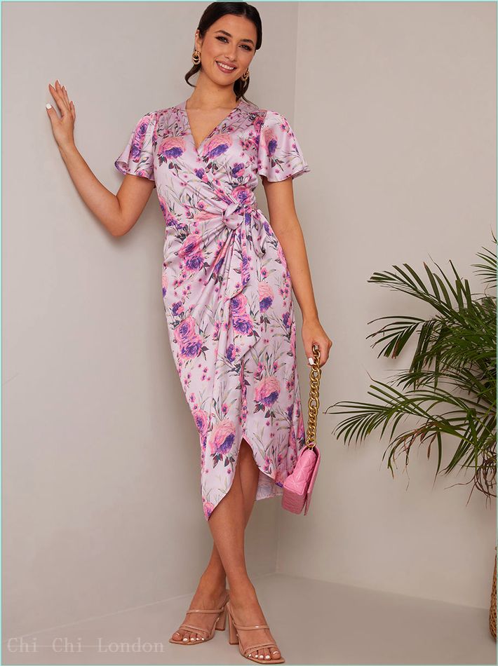  Short Sleeve V Neck Floral Midi Dress in Purple FA23111PUR