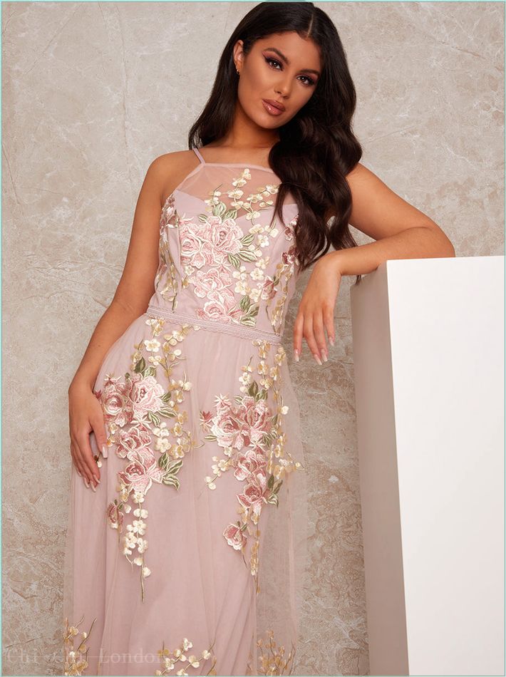  Sleeveless Embroidered Lace Maxi Dress in Pink 80763MI