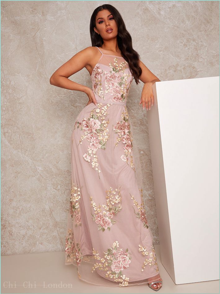  Sleeveless Embroidered Lace Maxi Dress in Pink 80763MI