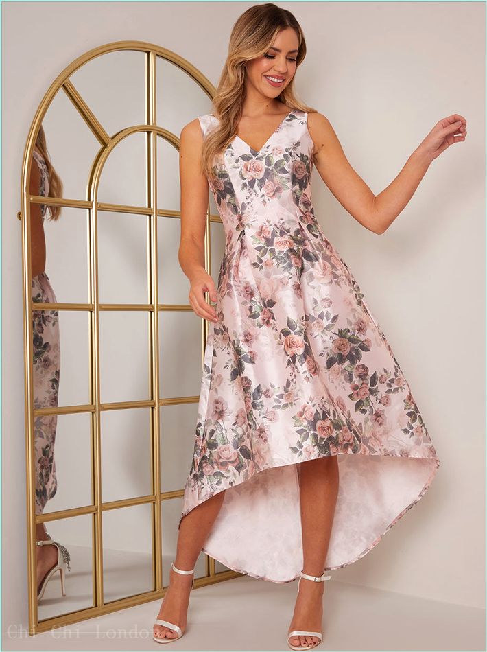  Sleeveless Floral Print Dip Hem Dress in Pink 1701PI