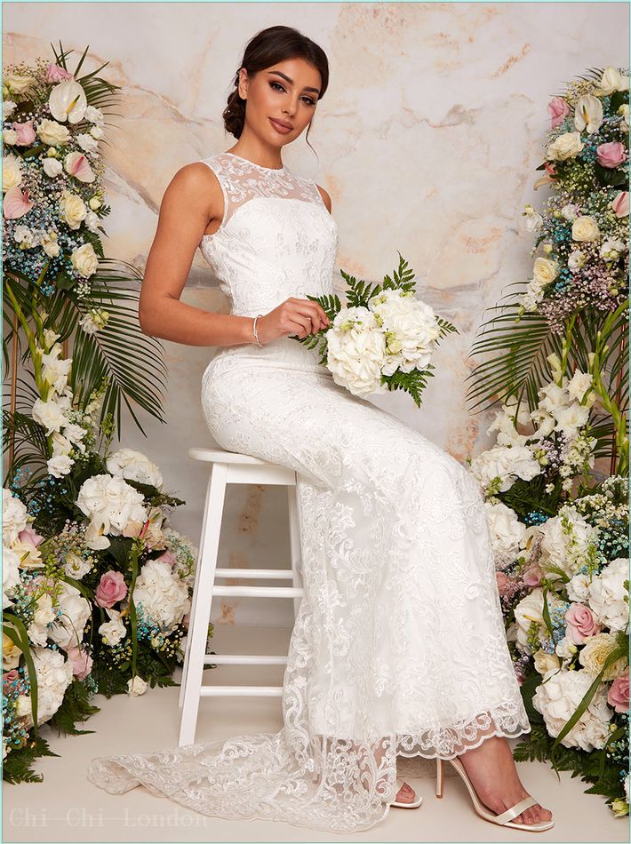  Sleeveless Premium Lace Wedding Dress in White 80834WH