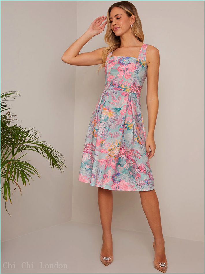  Sleeveless Square Neck Floral Midi Dress in Blue WX23111BL