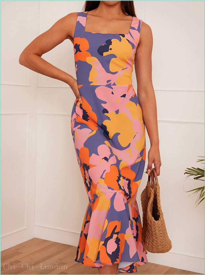  Square Neck Abstract Floral Print Midi Dress in Blue CT307MU