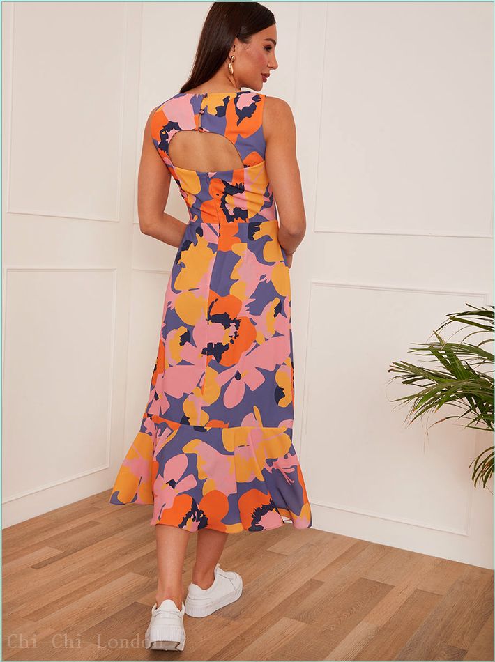  Square Neck Abstract Floral Print Midi Dress in Blue CT307MU