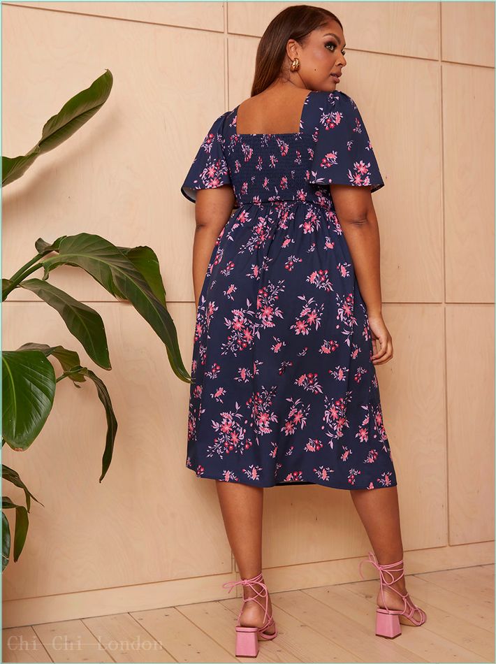  Square Neck Ditsy Floral Midi Dress in Navy FA23104NB