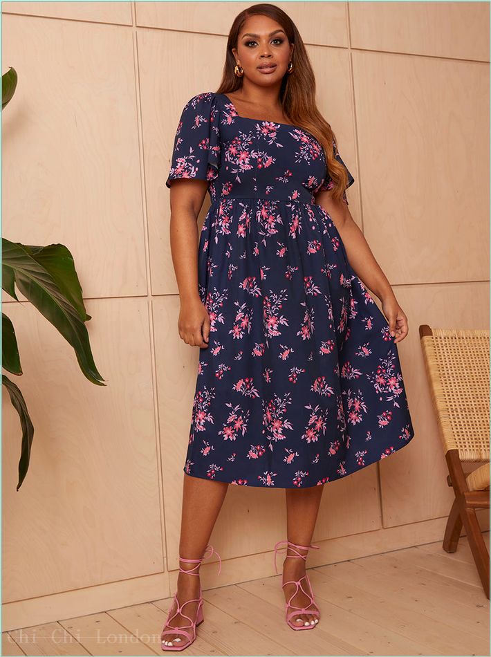  Square Neck Ditsy Floral Midi Dress in Navy FA23104NB