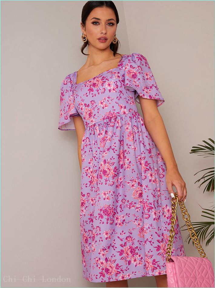  Square Neck Ditsy Floral Midi Dress in Purple FA23104PUR