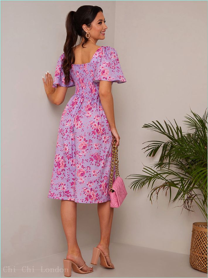  Square Neck Ditsy Floral Midi Dress in Purple FA23104PUR