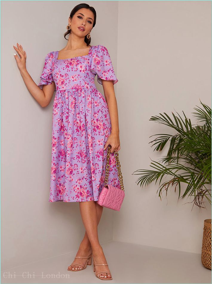  Square Neck Ditsy Floral Midi Dress in Purple FA23104PUR