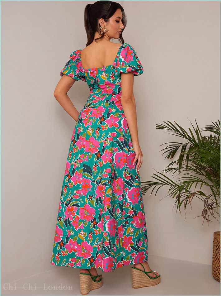  Square Neck Floral Maxi Dress in Green AKCC101MU