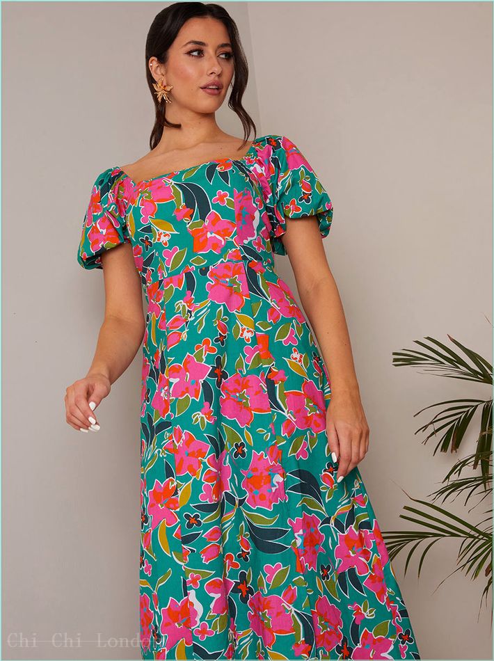  Square Neck Floral Maxi Dress in Green AKCC101MU