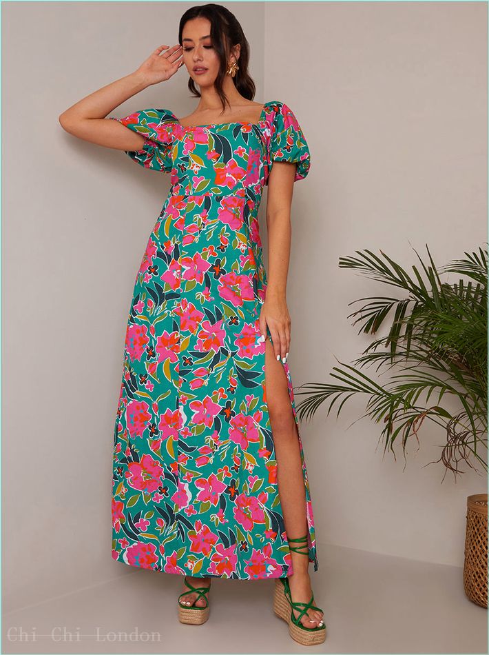  Square Neck Floral Maxi Dress in Green AKCC101MU