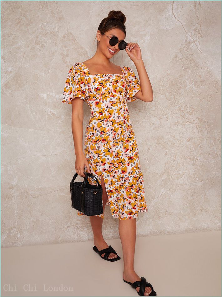  Square Neck Floral Print Polka Dot Midi Day Dress in Orange 91025MU