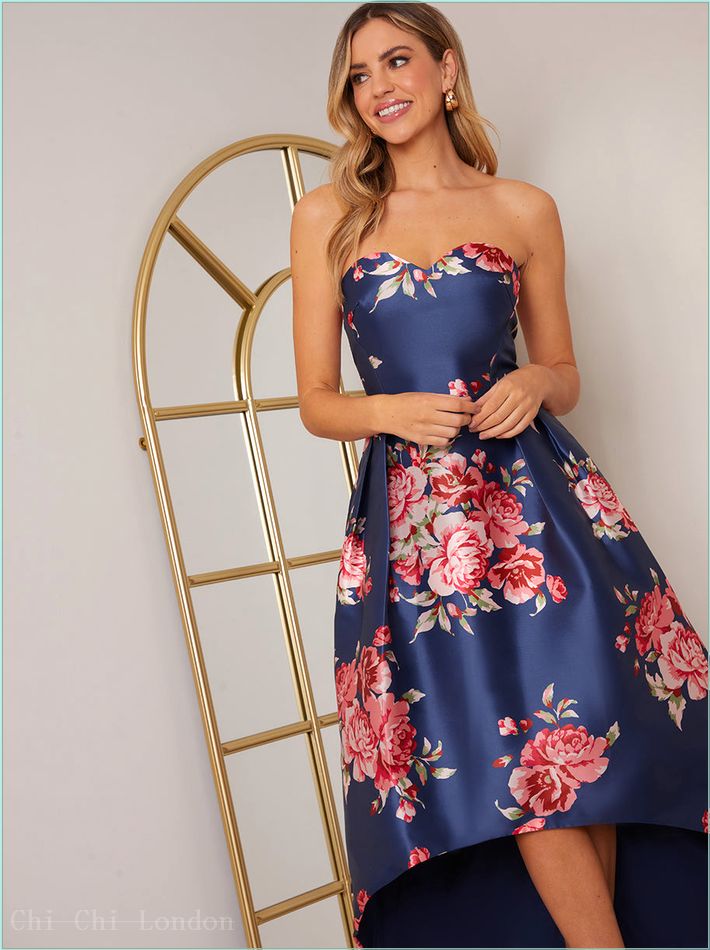  Strapless Floral Print Dip Hem Dress in Navy 71200NB