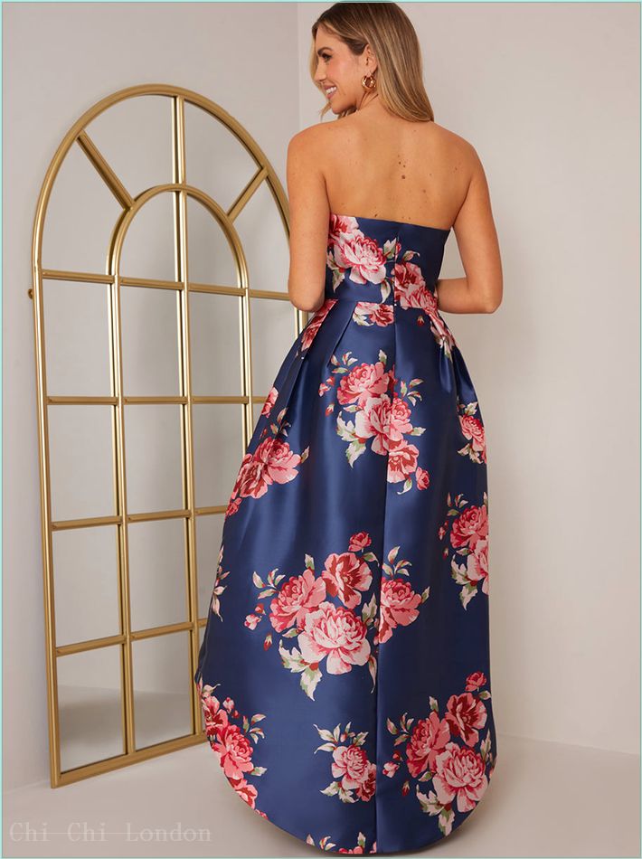  Strapless Floral Print Dip Hem Dress in Navy 71200NB