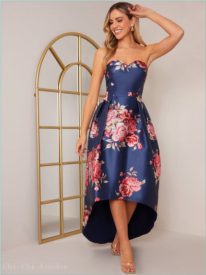  Strapless Floral Print Dip Hem Dress in Navy 71200NB