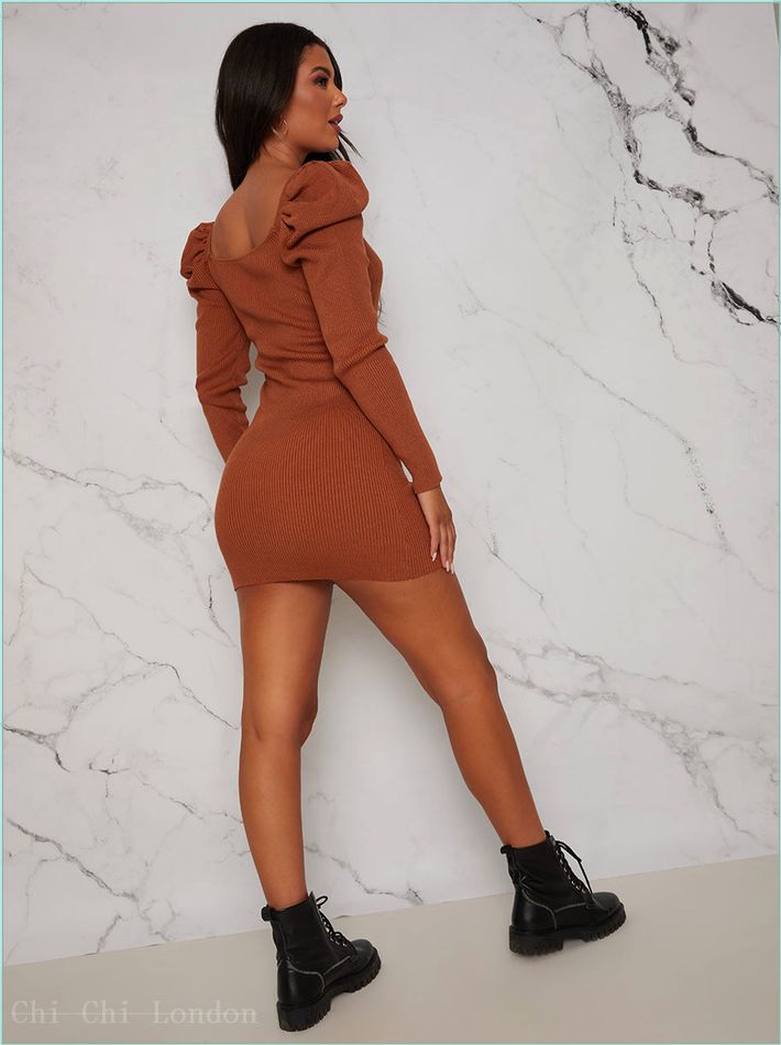  Sweetheart Neckline Puff Sleeve Knitted Jumper Dress in Rust ﻿MKC7166RU