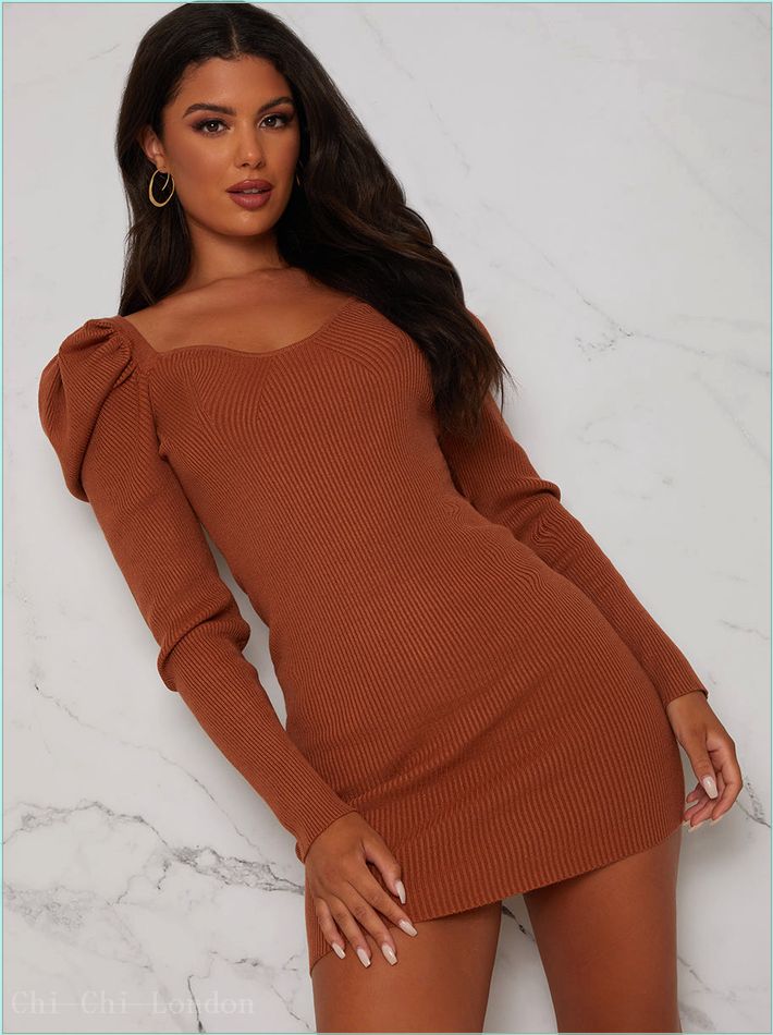  Sweetheart Neckline Puff Sleeve Knitted Jumper Dress in Rust ﻿MKC7166RU