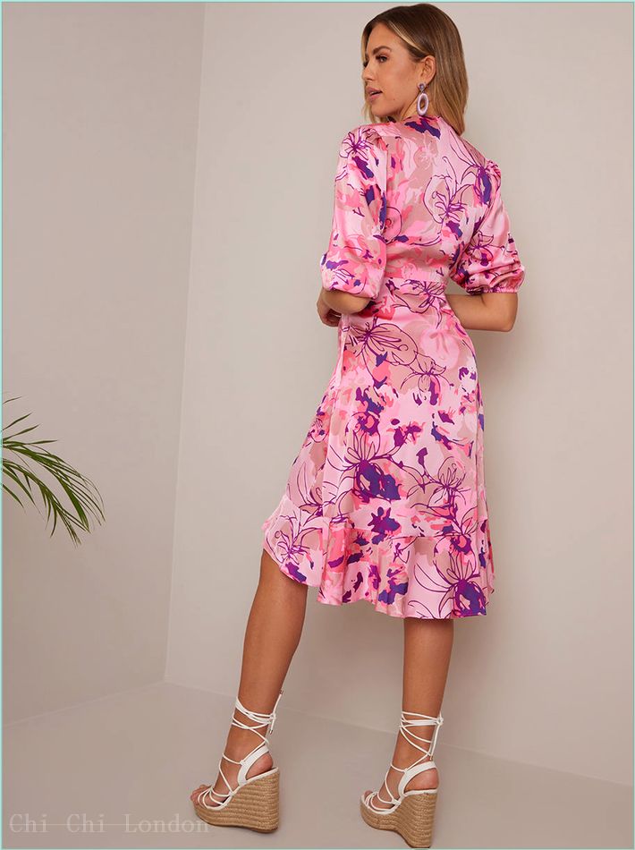  Tie Front Abstract Floral Print Dip Hem Dress in Pink 80837MAPI