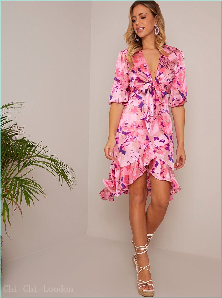  Tie Front Abstract Floral Print Dip Hem Dress in Pink 80837MAPI