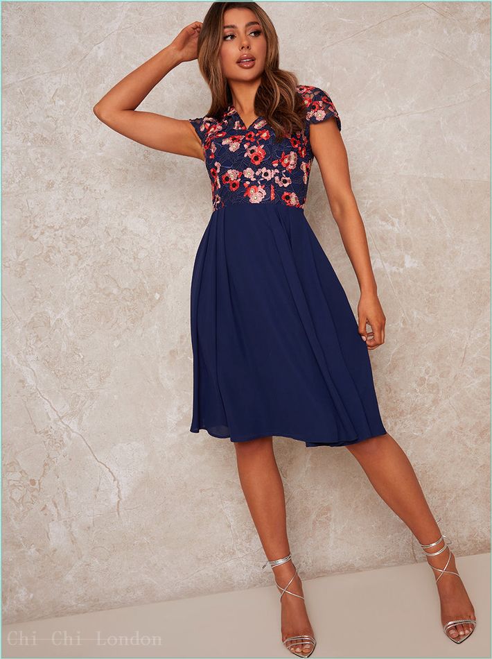  V Neck Crochet Midi Dress in Navy 91066NB