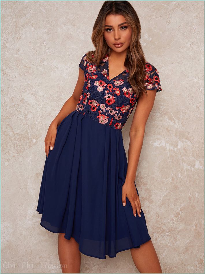  V Neck Crochet Midi Dress in Navy 91066NB