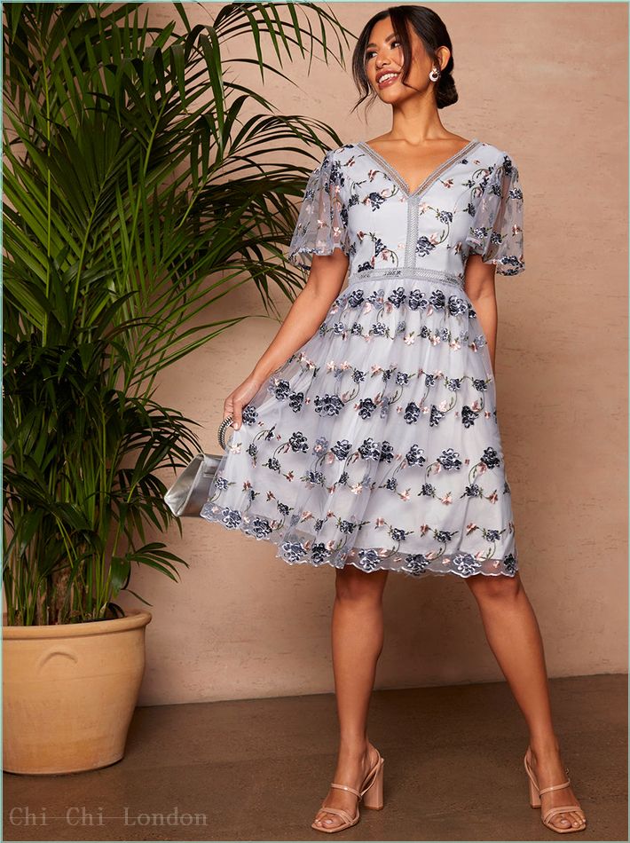  V Neck Floral Embroidered Lace Midi Dress in Blue 30026BL