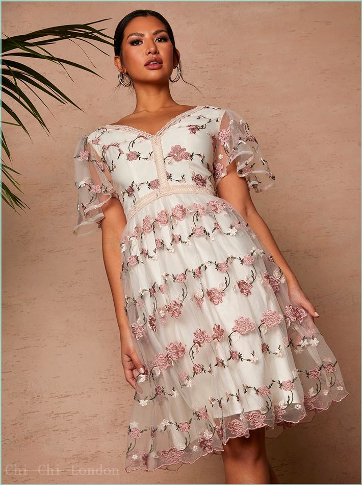  V Neck Floral Embroidered Lace Midi Dress in Pink 61056MU