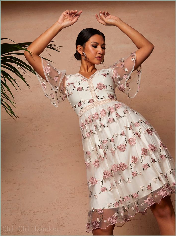  V Neck Floral Embroidered Lace Midi Dress in Pink 61056MU