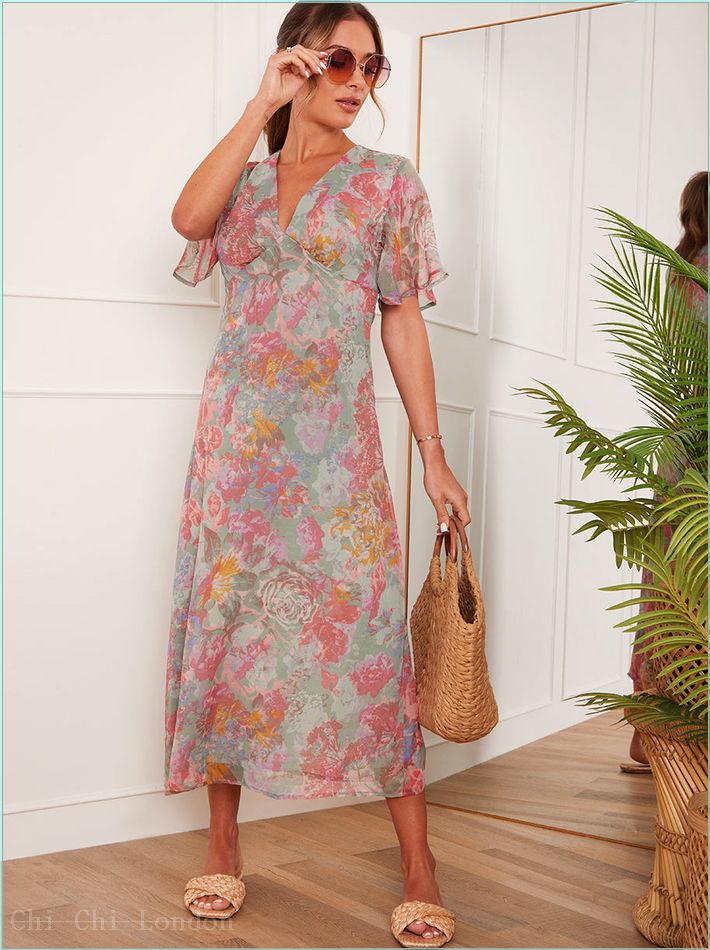  V Neck Floral Print Midi Dress in Grey AKTR11MU