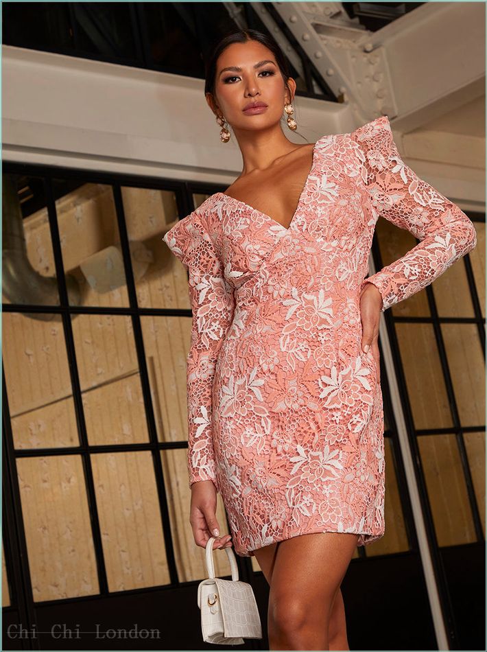  V Neck Premium Lace Bodycon Mini Dress in Peach 71361PE