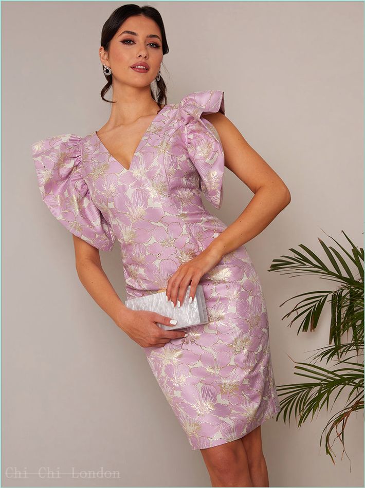  V Neck Ruffle Sleeve Floral Jacquard Midi Dress in Lilac WX2389LIL