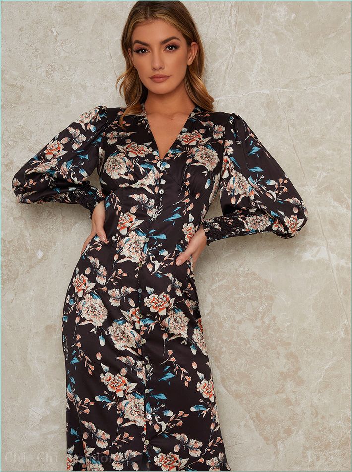  V Neck Smock Sleeve Midi Floral Print Dress in Black 80653BK