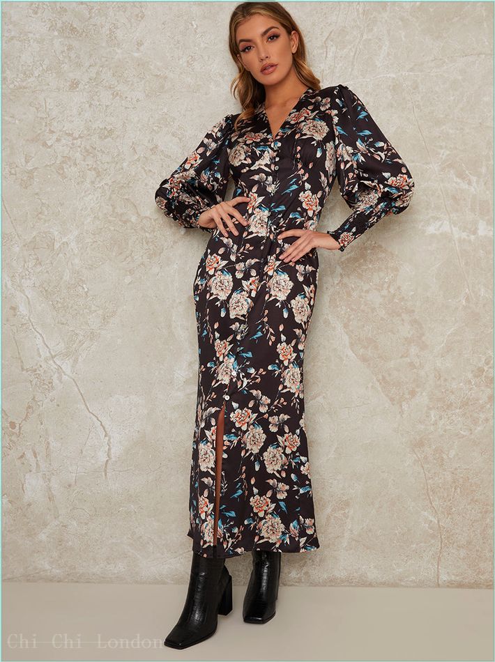  V Neck Smock Sleeve Midi Floral Print Dress in Black 80653BK