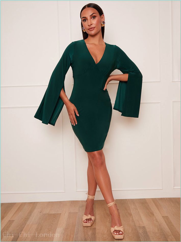  V Neck Split Sleeve Bodycon Mini Dress in Green BU5558GN