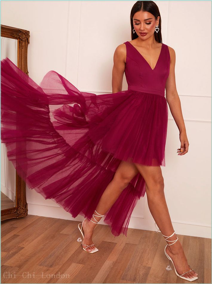  V Neck Tiered Tulle Dip Hem Dress in Berry 53354BER