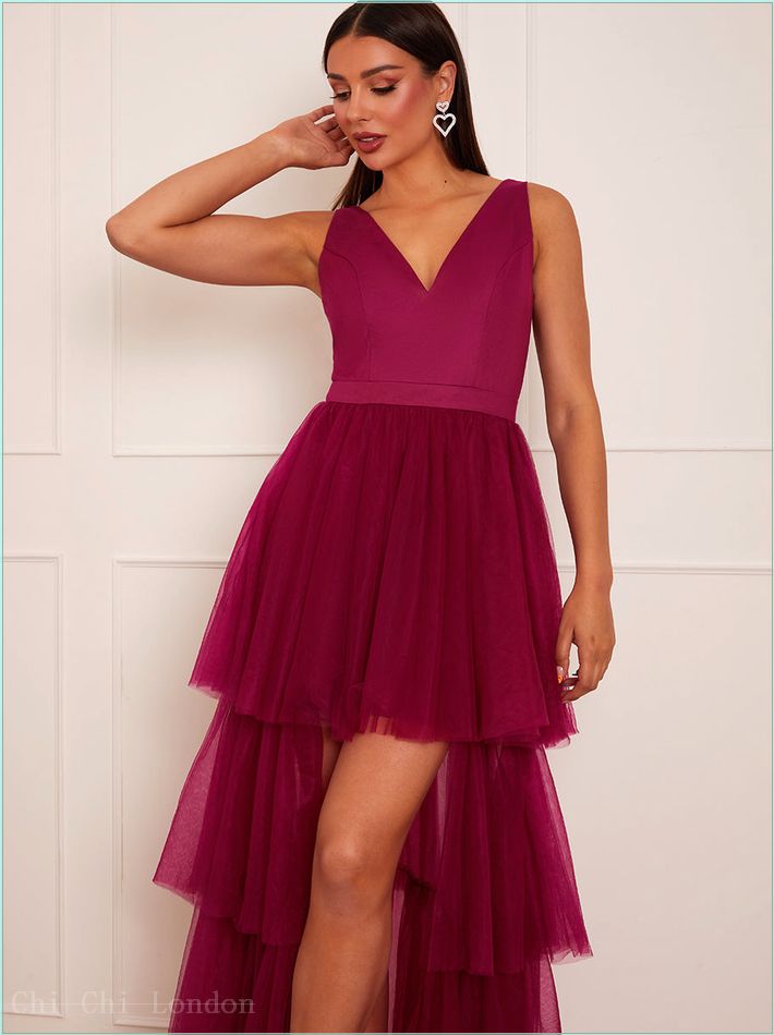  V Neck Tiered Tulle Dip Hem Dress in Berry 53354BER