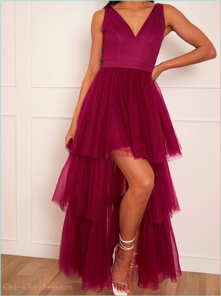  V Neck Tiered Tulle Dip Hem Dress in Berry 53354BER