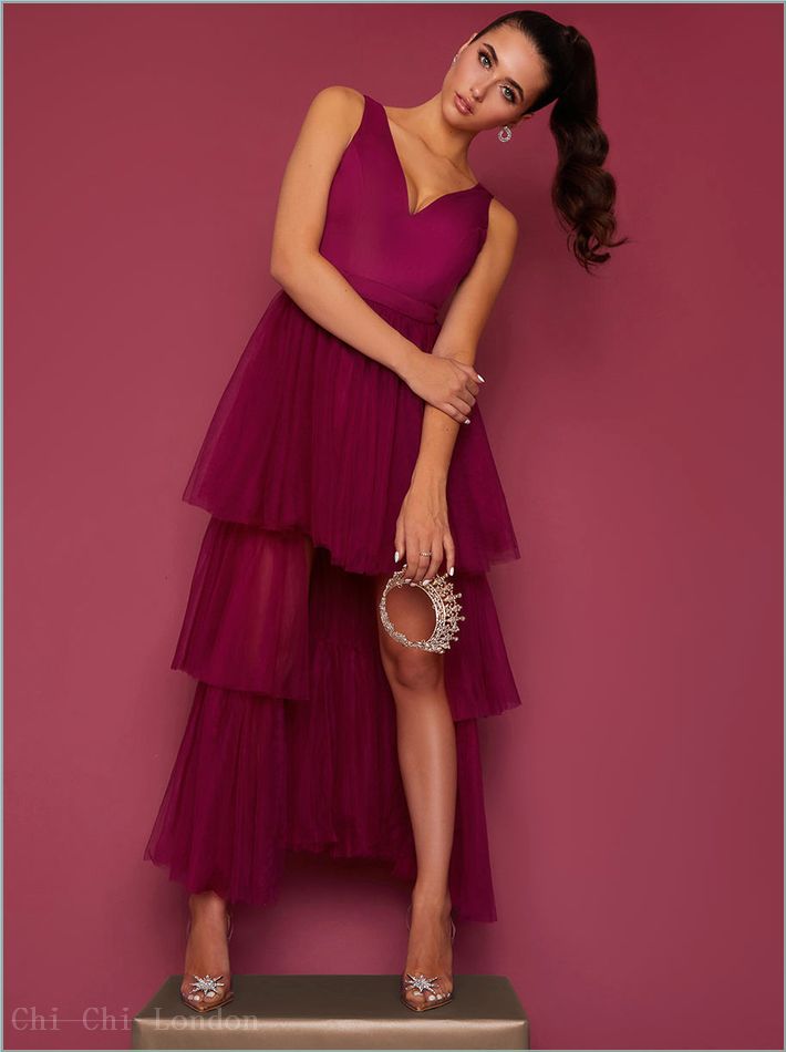  V Neck Tiered Tulle Dip Hem Dress in Berry 53354BER