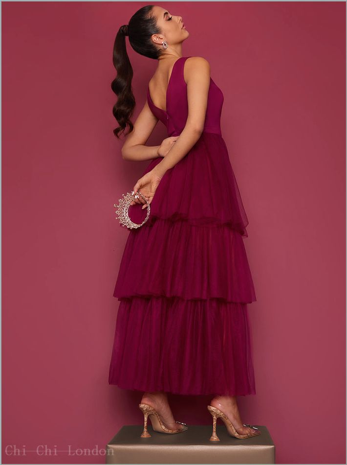  V Neck Tiered Tulle Dip Hem Dress in Berry 53354BER