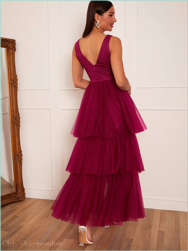  V Neck Tiered Tulle Dip Hem Dress in Berry 53354BER