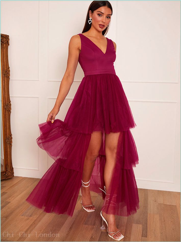  V Neck Tiered Tulle Dip Hem Dress in Berry 53354BER