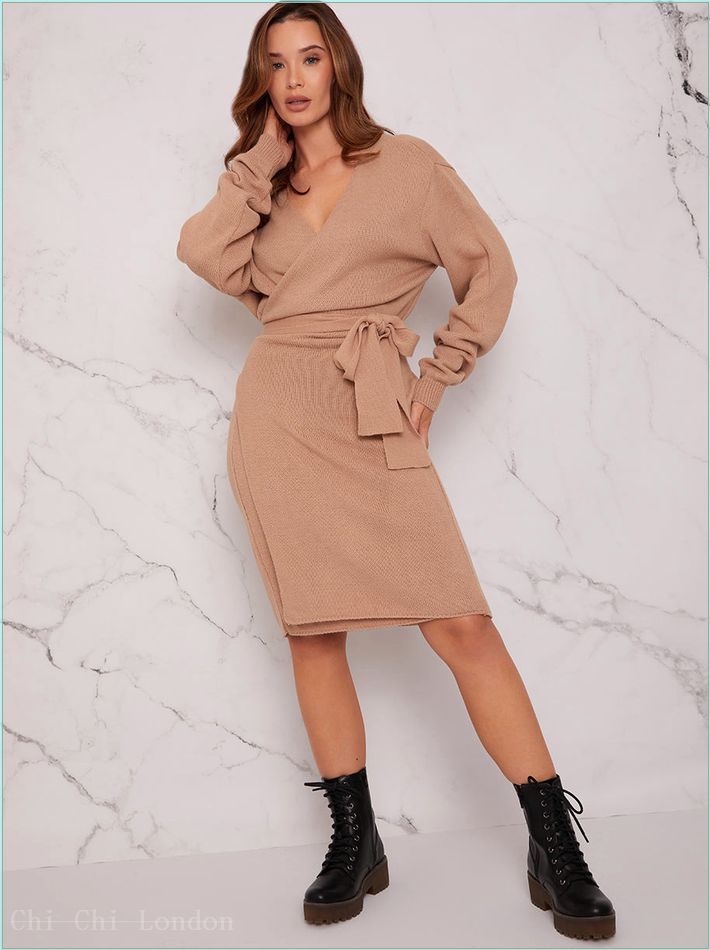  V Neck Wrap Jumper Dress in Beige MKL1381BE