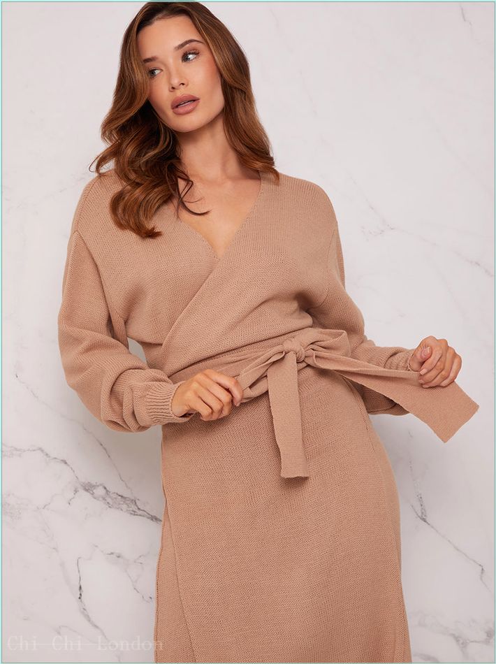  V Neck Wrap Jumper Dress in Beige MKL1381BE