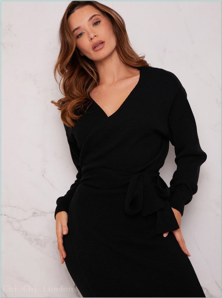  V Neck Wrap Jumper Dress in Black MKL1381BK